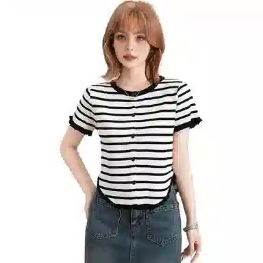 法文箱子 撞色圆领修身短袖针织衫 女款