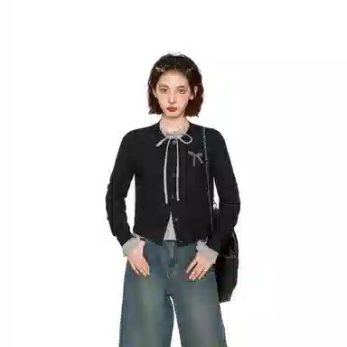 柏黛妃 蝴蝶结长袖短款通勤针织衫 女款 黑色