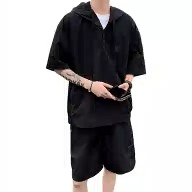 沐诚阳译 美式高街复古连帽短袖与五分裤宽松透气百搭组合轻薄速干上衣简约潮牌通勤户外垂感纯色休闲运动套装 男女同款