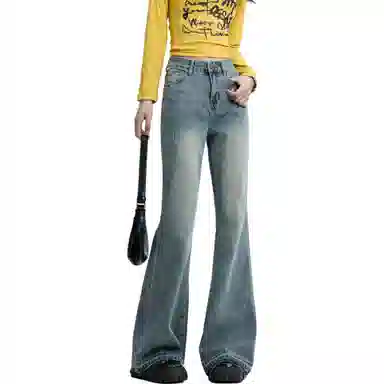 么宁 怀旧微喇马蹄裤拖地超长垂感水洗设计感高街宽松直筒休闲百搭牛仔裤 女款 复古蓝