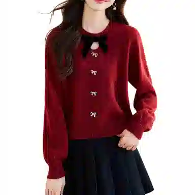 曲韩 拼色圆领短款针织衫 女款