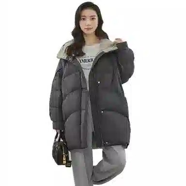 鸭鸭 纯色连帽中长款加厚保暖拉链羽绒服 女款