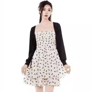 御茶家 韩系碎花收腰显瘦短款裙子纯色长袖罩衫裙装套装 女款 两件套 春季新款