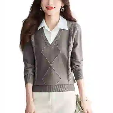 曲韩 翻领套头简约长袖针织衫 女款