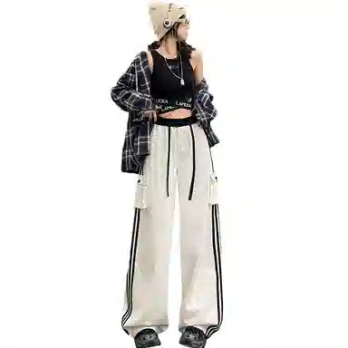 玫丝朵 美式复古条纹高腰宽松阔腿休闲裤 女款