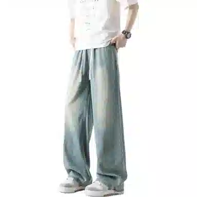 美式高街夏季薄款水洗做旧宽松直筒阔腿百搭休闲裤牛仔裤 男女同款