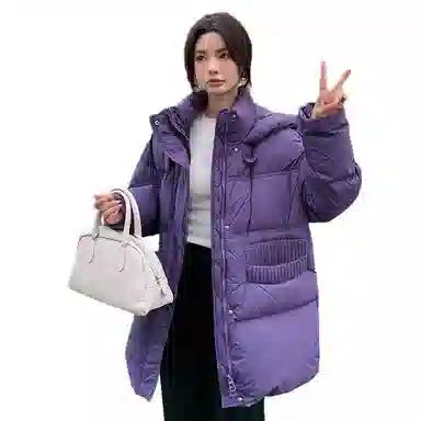 鸭鸭 宽松连帽中长款纯色羽绒服 女款