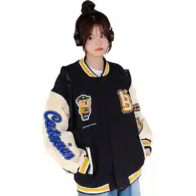 美式潮牌高街重磅撞色趣味小熊字母刺绣拼接外套街头痞帅潮流舒适百搭宽松休闲领落肩垂感直筒开衫棒球服 男女同款