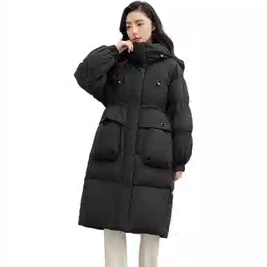 鸭鸭 中长款连帽撞色拼色韩版甜美校园风通勤时尚百搭羽绒服 女款