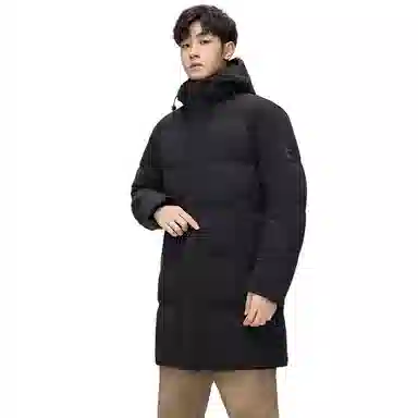 鸭鸭 纯色简约保暖防风抗寒户外加厚连帽中长款羽绒服 男款