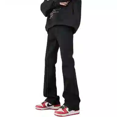 八哥 美式复古高街【弯刀黑牛】简约基础款水洗做旧中腰系带修身纯色直筒阔腿百搭弹力黄泥染薄款微喇牛仔裤 男女同款