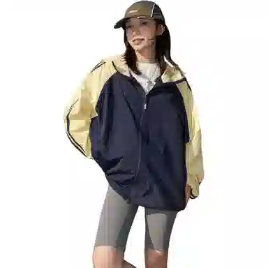 黑恐龙 轻薄透气宽松百搭休闲户外运动登山连帽拼接条纹连帽长袖防晒服 男女同款