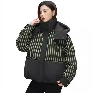 鸭鸭 撞色连帽条纹羽绒服 女款