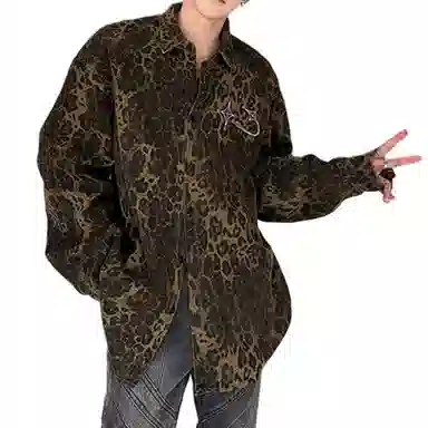 美式高街复古豹纹水洗宽松舒适单排扣夹克潮流百搭牛仔外套长袖衬衫 男女同款