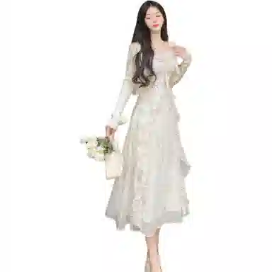 桴生 度假风温柔收腰碎花吊带长裙长袖防晒开衫裙装套装 女款