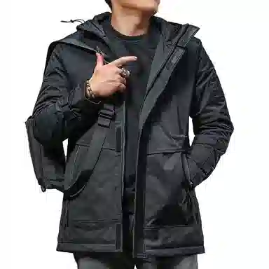 季言 连帽长款潮牌厚款休闲棉服 男款