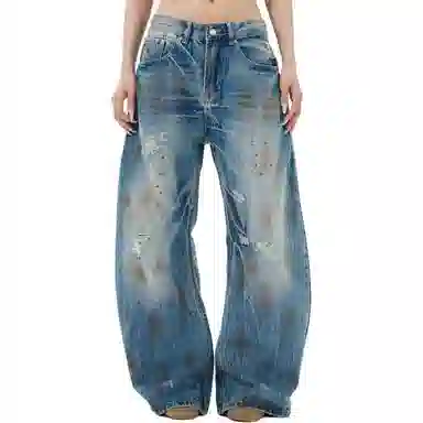 欧迪芬 美式高街慵懒松弛感裤子潮牌设计感废土风破洞潮牛仔裤 女款