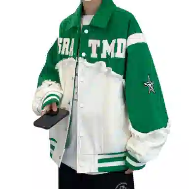 美式复古拼接字母刺绣宽松百搭牛仔外套棒球服 男女同款