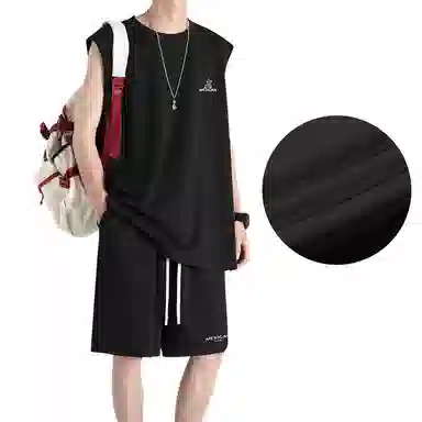 稻草人 冰感户外轻薄透气圆领套头百搭无袖上衣宽松系带松紧直筒垂感五分短裤休闲运动套装 男女同款