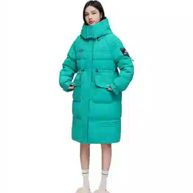 鸭鸭 中长款抽绳收腰连帽羽绒服 女款