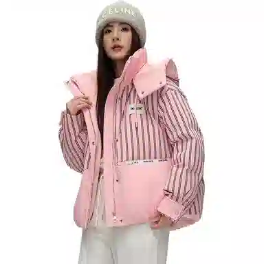 鸭鸭 撞色连帽条纹羽绒服 女款