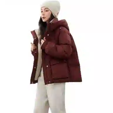 鸭鸭 连帽纯色短款加厚拉链羽绒服 女款