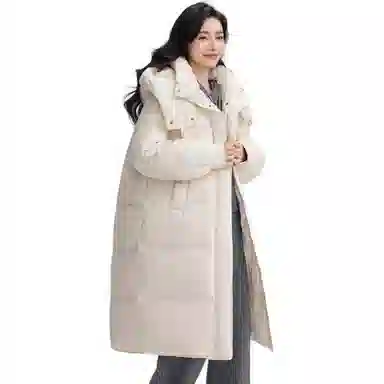 鸭鸭 纯色加厚中长款连帽拉链羽绒服 女款