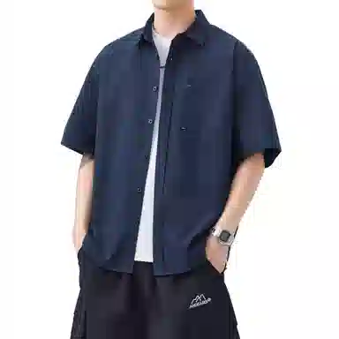 帝狼牛 美式简约基础款学院风高街纯色宽松透气百搭舒适翻领柔软亲肤透气通勤户外纯棉落肩短袖衬衫 男女同款