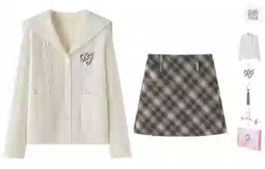 东鲸岁时记 学院风海军领复古绞花上衣毛衣外套学姐感松弛感宽松文艺风经典格纹半裙穿搭一整套裙装套装 秋冬季 女款 礼盒装 米白色