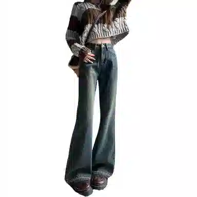 么宁 怀旧微喇马蹄裤拖地超长垂感水洗设计感高街宽松直筒休闲百搭牛仔裤 女款 复古蓝