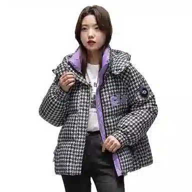 鸭鸭 经典抗寒时尚千鸟格连帽保暖短款羽绒服 女款