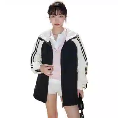 黑恐龙 轻薄透气宽松百搭休闲户外运动登山连帽拼接条纹连帽长袖防晒服 男女同款