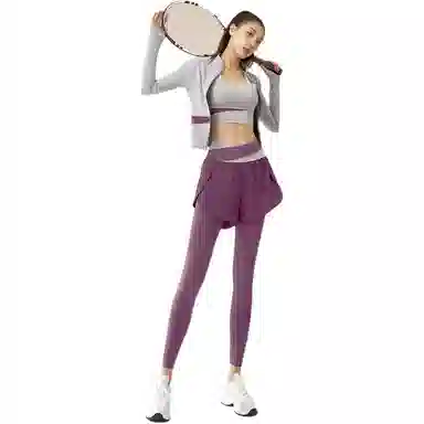 欧迪芬  修身舒适夏季薄款塑形拼色瑜伽服带胸垫晨跑步运动服专业普拉提训练速干透气外套背心假两件安全长裤显瘦三件套  健身套装  女款