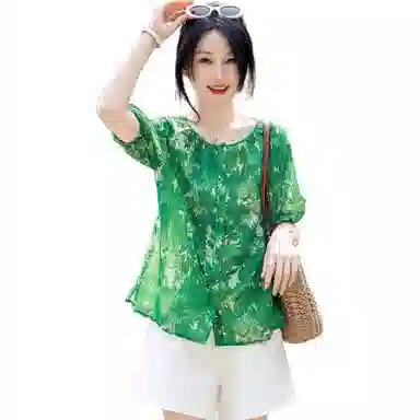 【dme】 薄荷曼波系列 小清新圆领印花花苞袖宽松短袖衬衫 女款 藻绿