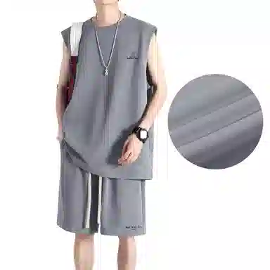 稻草人 冰感户外轻薄透气圆领套头百搭无袖上衣宽松系带松紧直筒垂感五分短裤休闲运动套装 男女同款