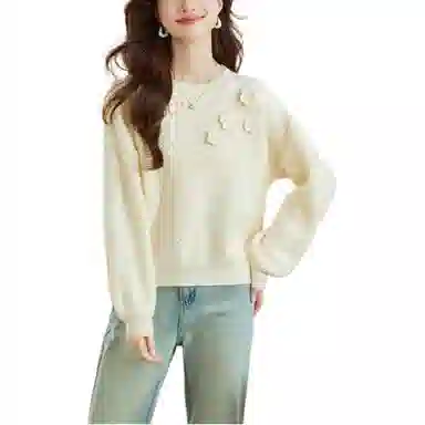 曲韩 纯色百搭简约花朵毛衣 女款