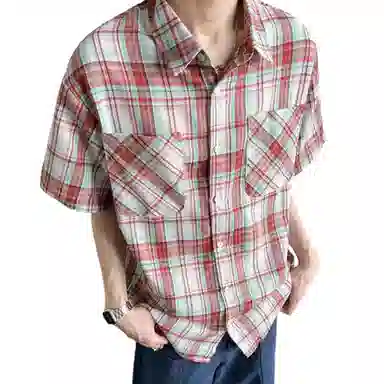 松岚 格子多巴胺美式复古青春翻领活力舒适百搭文艺风短袖衬衫 男女同款