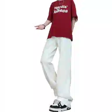 八哥 美式高街废土风不规则质感复古基础款弯刀弹力阔腿垂感百搭高级感运动舒适柔软个性简约微喇牛仔裤 男女同款