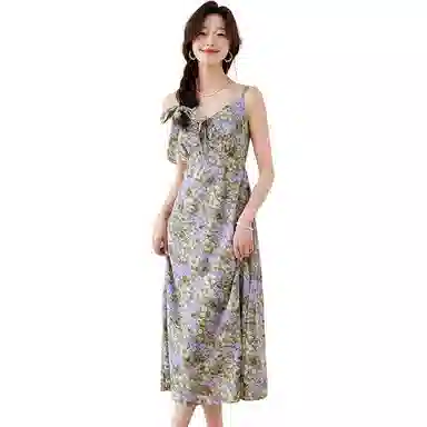 品彩 时尚穿搭海边度假风碎花沙滩裙复古收腰吊带连衣裙 女款