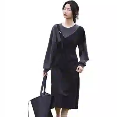 【dme】 圆领拼接假两件长袖连衣裙 女款 黑色