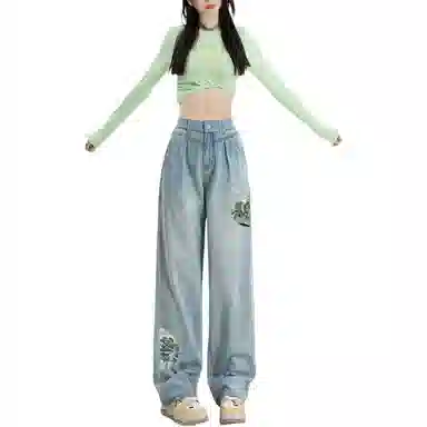 惟熙 清凉天丝薄款透气国风刺绣垂坠感牛仔裤 女款 浅蓝色