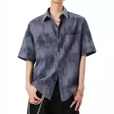 沐诚阳译 美式冰丝扎染短袖男女夏季潮高级感痞帅衬衣宽松休闲防晒外套衬衫 男款