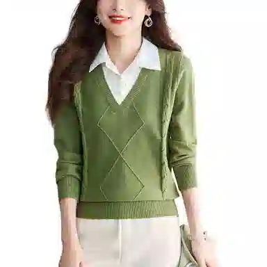 曲韩 翻领套头简约长袖针织衫 女款