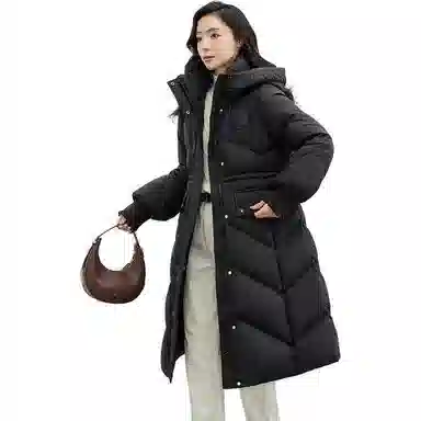 鸭鸭 纯色立领连帽修身长款过膝花边袖口精致衍线熟女优雅气质羽绒服 女款