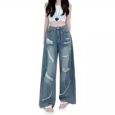 柏黛妃 破洞设计感蕾丝拼接阔腿牛仔裤 女款