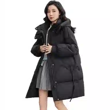 鸭鸭 连帽加厚中长款纯色拉链羽绒服 女款