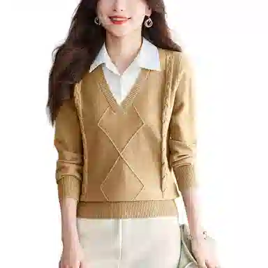 曲韩 翻领套头简约长袖针织衫 女款