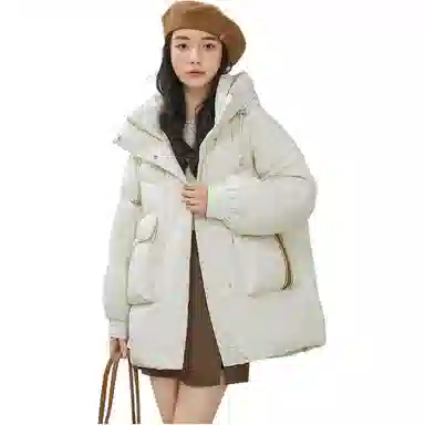 鸭鸭 纯色中长款韩版连帽面包服羽绒服 女款