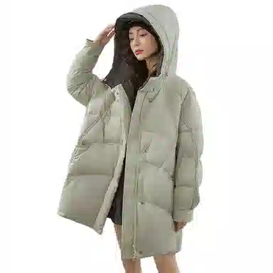 鸭鸭 纯色连帽中长款加厚保暖拉链羽绒服 女款