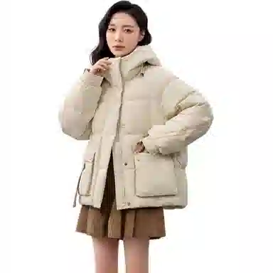 鸭鸭 连帽纯色短款加厚拉链羽绒服 女款